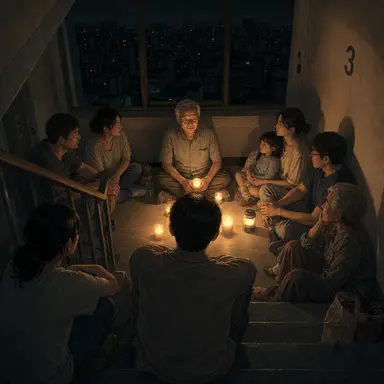 정전된 여름밤, 촛불로 밝힌 계단